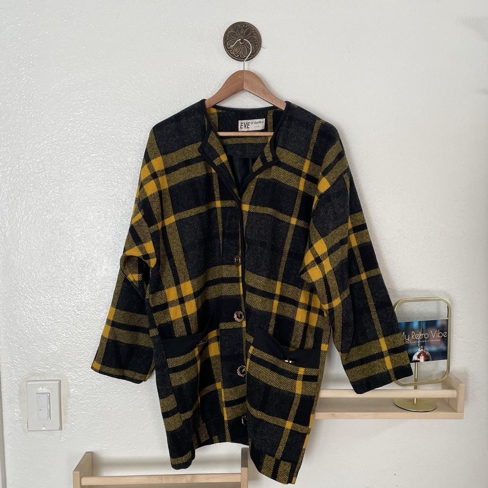 Eve of America Women XLarge Wool Blend Plaid Knit Boxy Oversized Coat